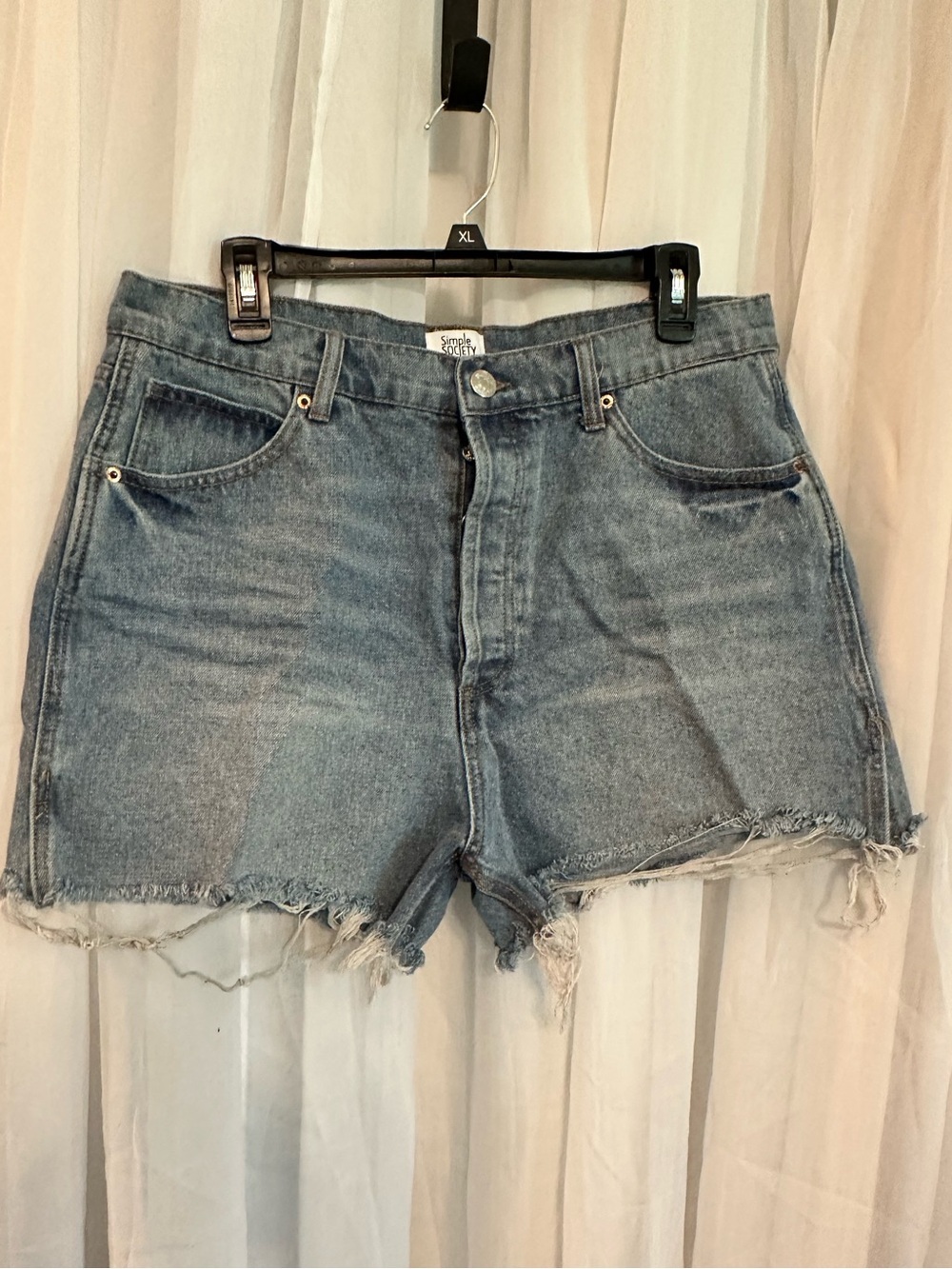 Simple Society Women's Light Blue Frayed Denim Shorts. Juniors 13